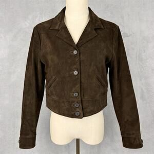 Lauren Ralph Lauren 100% Suede Leather Jacket Womens Size L Cropped Brown Button